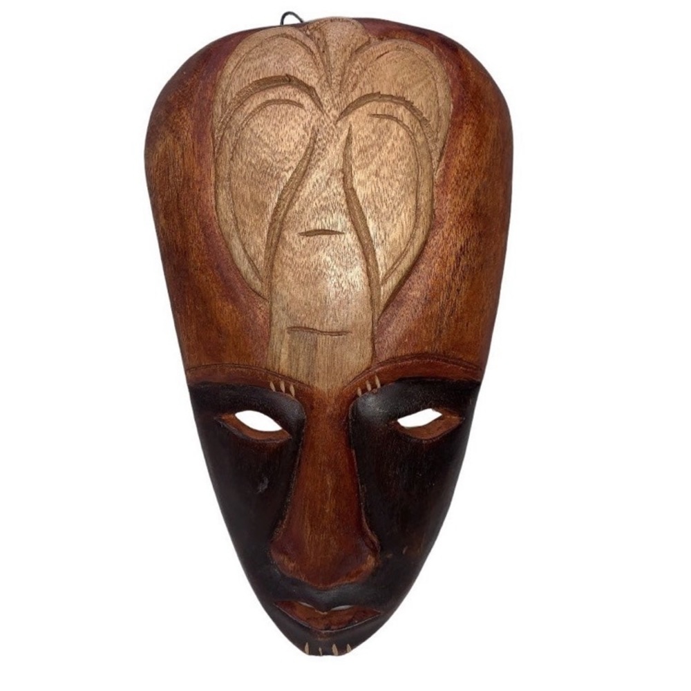Carved Wooden Tribal Mask Wall Hanging 11" brown 3 toned